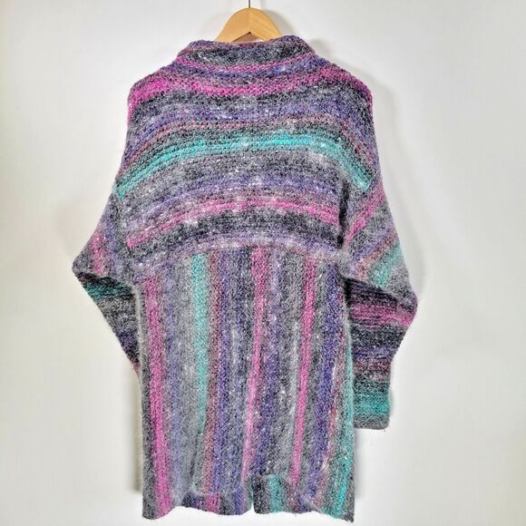 Fuzzy Knit Cardigan Size M Longline Sweater Striped Toggles Einstein Coat Jacket - Picture 3 of 8